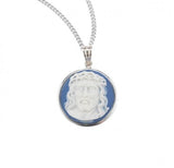Genuine Cameo 1-1/16" Round Blue Head of Christ with Sterling Silver Rim on a 20" Ch-Bxd