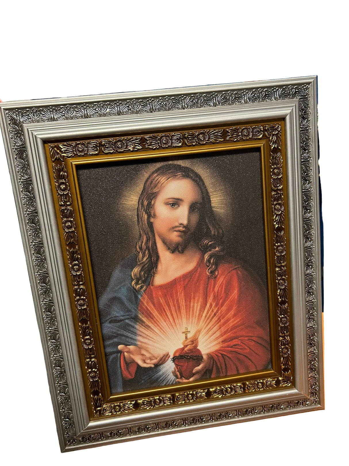 Sacred Heart of Jesus (Sagrado Corazón de Jesús) Silver Frame 23x19